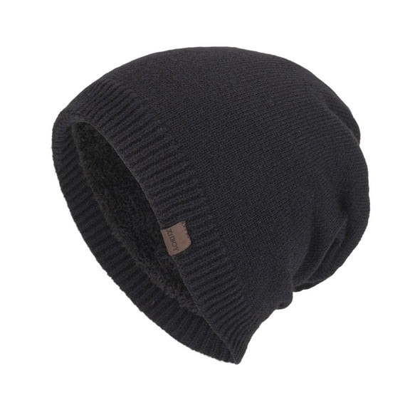 Xfvqtps Mens Beanie Knitted Plush Lining Solid Color Simplicity Stretch Soft Thickened Windproof Coldproof Warm Winter Slouchy Hat Black