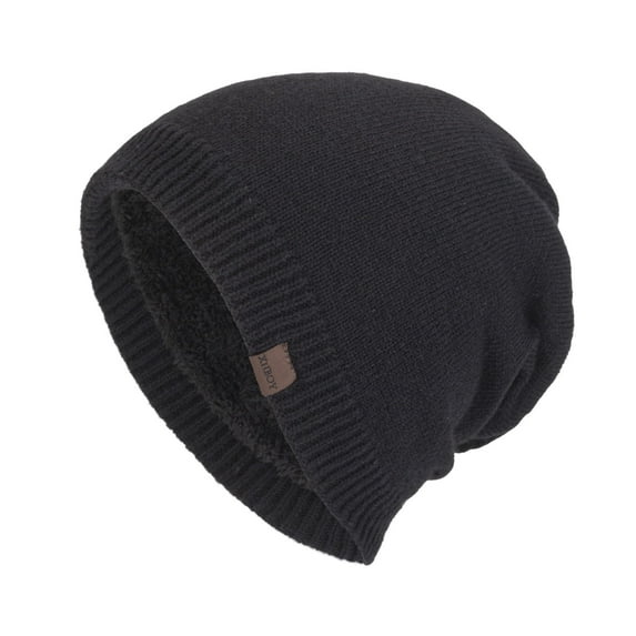 Xfvqtps Mens Beanie Knitted Plush Lining Solid Color Simplicity Stretch Soft Thickened Windproof Coldproof Warm Winter Slouchy Hat Black