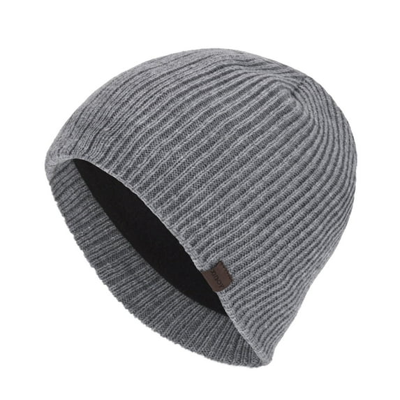 Xfvqtps Mens Beanie Knitted Plush Lining Solid Color Simplicity Vertical Stripes Stretch Soft Thickened Windproof Coldproof Warm Winter Skull Cap Gray