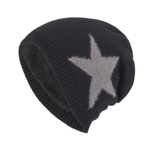 Xfvqtps Mens Beanie Knitted Plush Lining Star Print Simplicity Stretch Soft Thickened Windproof Coldproof Warm Winter Slouchy Hat Black