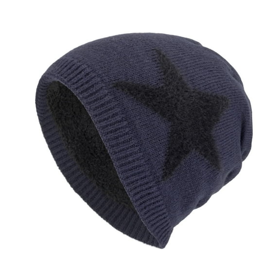 Xfvqtps Mens Beanie Knitted Plush Lining Star Print Simplicity Stretch Soft Thickened Windproof Coldproof Warm Winter Slouchy Hat Navy