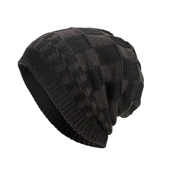 Xfvqtps Mens Beanie Slouchy Chessboard Pattern Knitting Plush Lining Hip Hop Style Vintage Stretch Soft Thickened Windproof Coldproof Outdoor Winter Warm Skull Cap Black