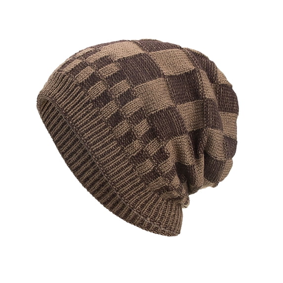 Xfvqtps Mens Beanie Slouchy Chessboard Pattern Knitting Plush Lining Hip Hop Style Vintage Stretch Soft Thickened Windproof Coldproof Outdoor Winter Warm Skull Cap Khaki