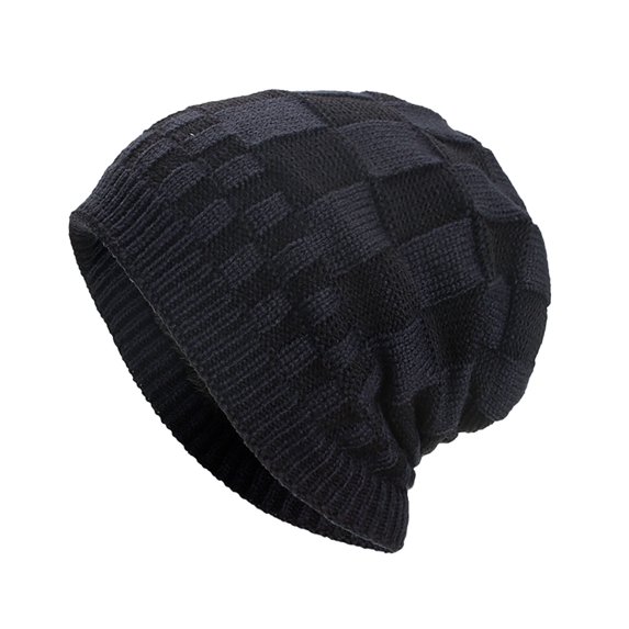 Xfvqtps Mens Beanie Slouchy Chessboard Pattern Knitting Plush Lining Hip Hop Style Vintage Stretch Soft Thickened Windproof Coldproof Outdoor Winter Warm Skull Cap Navy