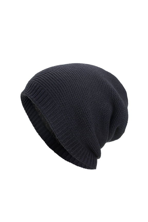 Mens Beanie Slouchy Solid Color Simplicity Knitting Plush Lining Hip Hop Style Vintage Stretch Soft Thickened Windproof Coldproof Outdoor Winter Warm Skull Cap Navy