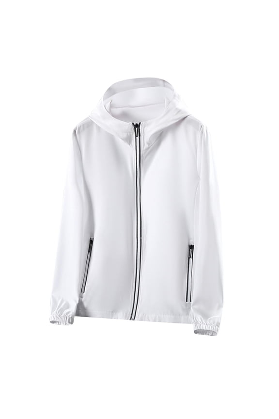 Mens Cooling Jacket Sun Protection Hoodie Full Zip up Long Sleeves Thin Breathable Waterproof Summer Coat for Fishing Hiking Athletic Running White