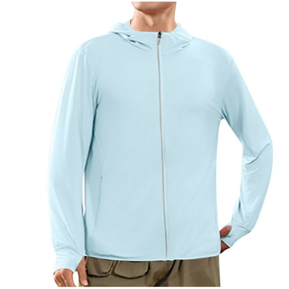Xfvqtps Mens Cooling Sun Protection Jacket Full Zip Hoodie Quick Dry Long Sleeve with Thumb Hole Summer Shirts for Hiking Fishing Running Light Blue