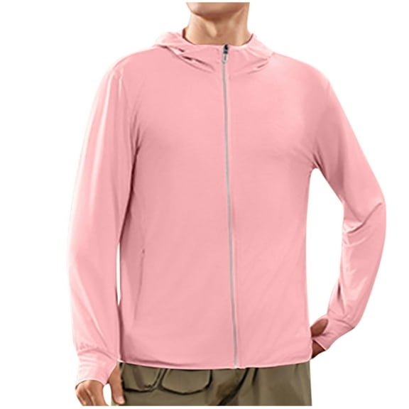 Xfvqtps Mens Cooling Sun Protection Jacket Full Zip Hoodie Quick Dry Long Sleeve with Thumb Hole Summer Shirts for Hiking Fishing Running Pink