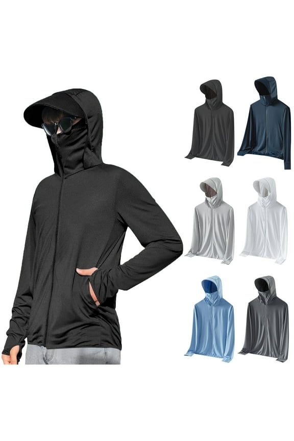 Mens Cooling Sun Protection Light Jacket Hoodie with Wide Brim Full Zip up Long Sleeve Solid Color Elastic Lightweight Breathable Summer Tops for Fishing Hiking Athletic Running Black