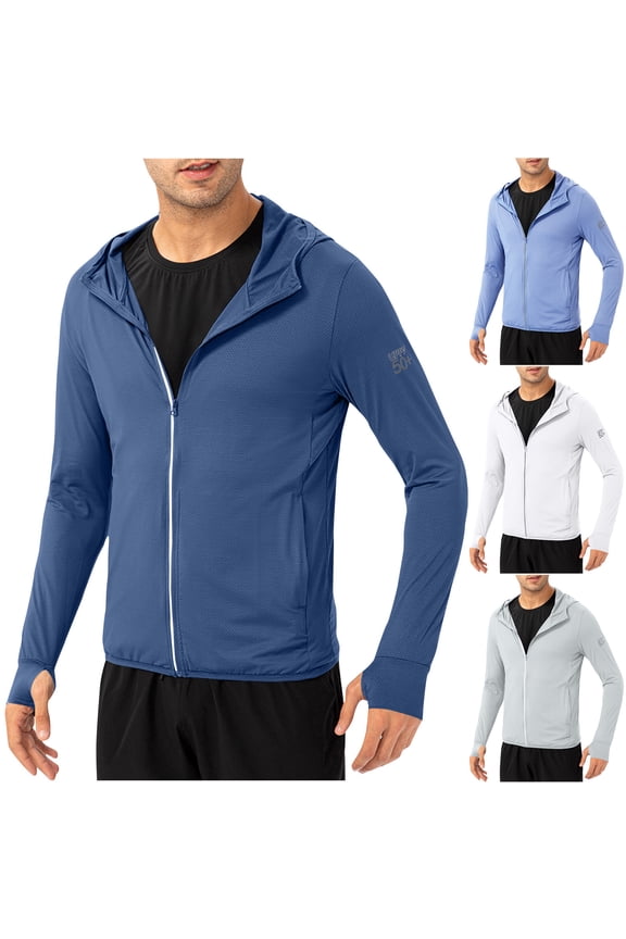 Mens Cooling Sun Protection Light Jacket UPF50+ Hoodie Long Sleeve with Thumb Hole Zip up Pockets Solid Color Fishing Hiking Athletic Running Lightweight Breathable Summer Top White