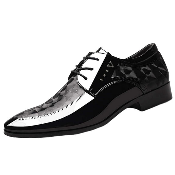 Xfvqtps Mens Dress Shoes British Style Printing Pointy Toe Slip on Fashion Classic Formal Business Casual Comfy Patent Leather Shoes Black