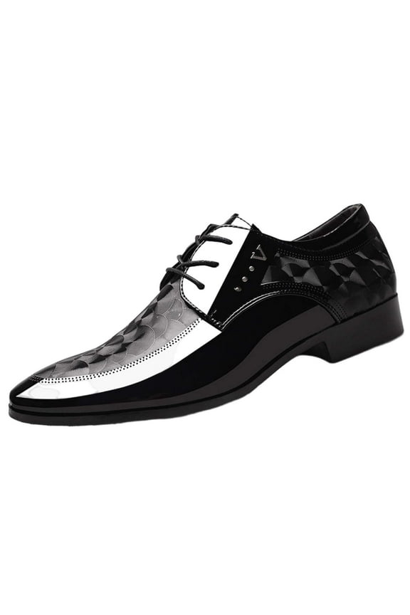 Mens Dress Shoes British Style Printing Pointy Toe Slip on Fashion Classic Formal Business Casual Comfy Patent Leather Shoes Black