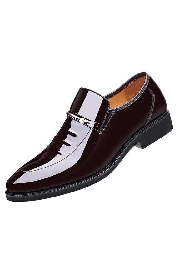 Mens Dress Shoes British Style Rhinestone Pointy Toe Slip on Fashion Classic Formal Business Casual Comfy Patent Leather Shoes Brown