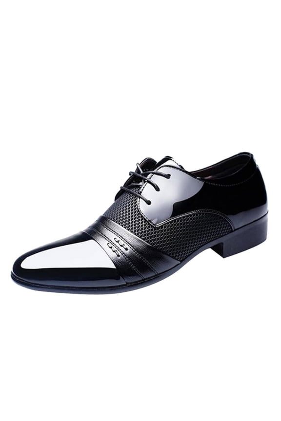 Mens Dress Shoes British Style Splicing Together Pointy Toe Lace up Mesh Breathable Fashion Classic Formal Business Casual Oxford Patent Leather Shoes Black