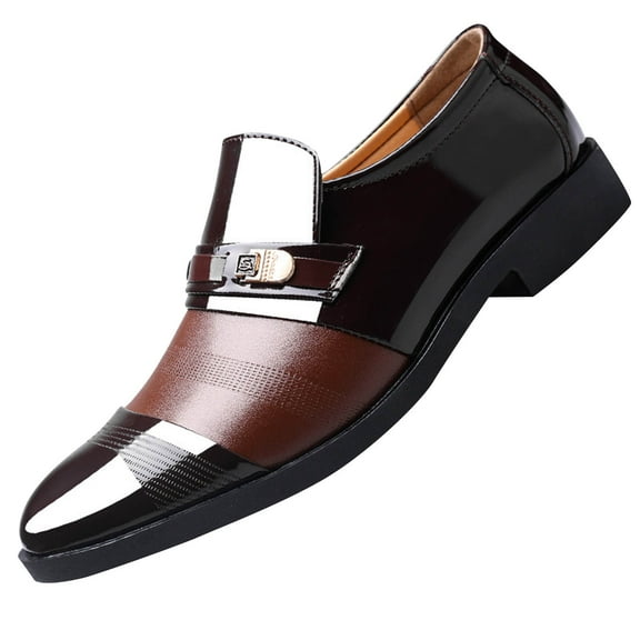 Xfvqtps Mens Dress Shoes British Style Splicing Together Pointy Toe Slip on Metal Soft Sole Breathable Comfortable Fashion Classic Formal Business Casual Patent Leather Shoes Brown