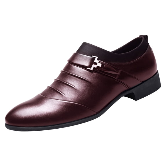 Xfvqtps Mens Dress Shoes British Style Wrinkle Design Pointy Toe Slip on Metal Fashion Classic Formal Business Casual Leather Shoes Brown