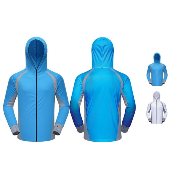 Xfvqtps Mens Fishing Hoodie Jacket Performance Zip up Long Sleeve with Thumb Hole Cooling Sun Protection Color Block Breathable Lightweight Summer Thin Tops for Camping Hiking Cycling Blue