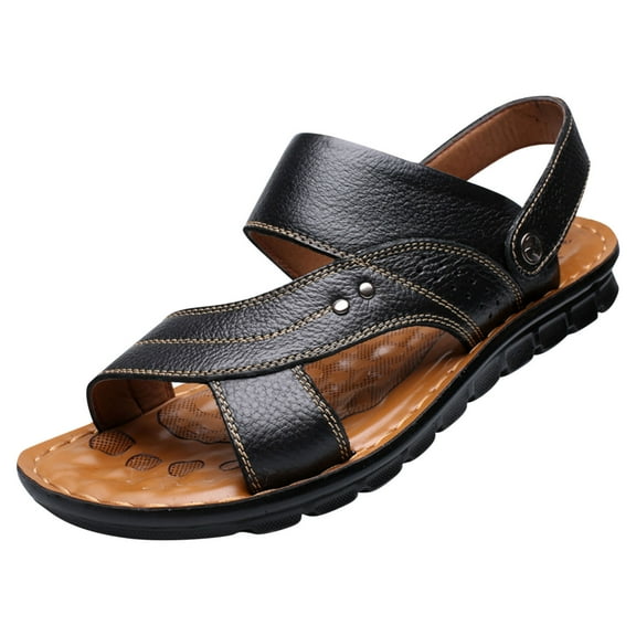 Xfvqtps Mens Leather Sandals Hollow Open Toe Thick Sole Non Slip Summer Outdoor Casual Beach Shoes Black