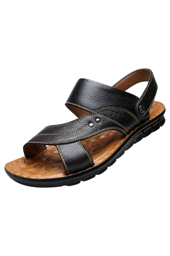 Mens Leather Sandals Hollow Open Toe Thick Sole Non Slip Summer Outdoor Casual Beach Shoes Black