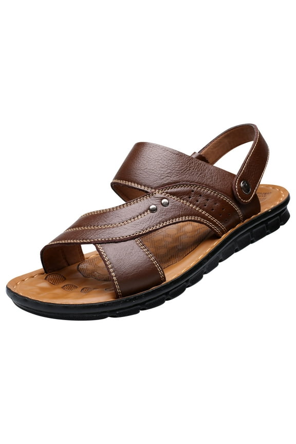 Mens Leather Sandals Hollow Open Toe Thick Sole Non Slip Summer Outdoor Casual Beach Shoes Brown