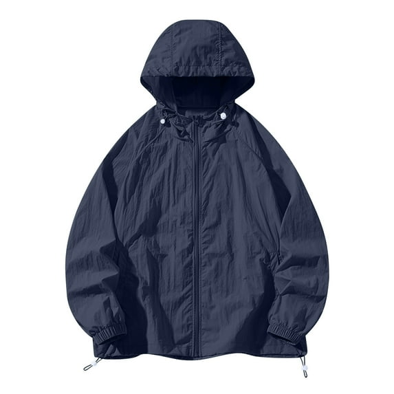 Xfvqtps Mens Light Jacket Cooling Sun Protection Hoodie Full Zip up with Drawstring Solid Color Long Sleeve Summer Coat for Fishing Hiking Athletic Running Navy