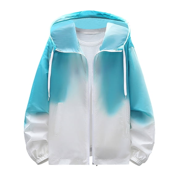 Xfvqtps Mens Light Jacket Hoodie Full Zip up with Drawstring Sun Protection Gradient Long Sleeve Summer Coat for Fishing Hiking Athletic Running Green
