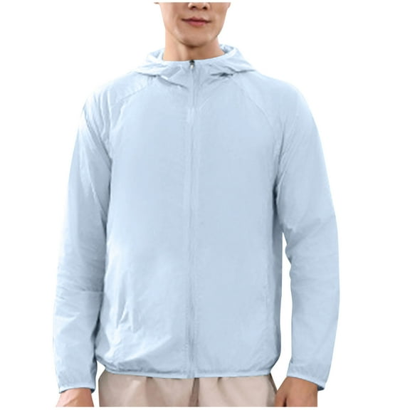 Xfvqtps Mens Light Jacket Hoodie Full Zip up Sun Protection Long Sleeve Solid Color Breathable Summer Coat for Fishing Hiking Athletic Running Light Blue