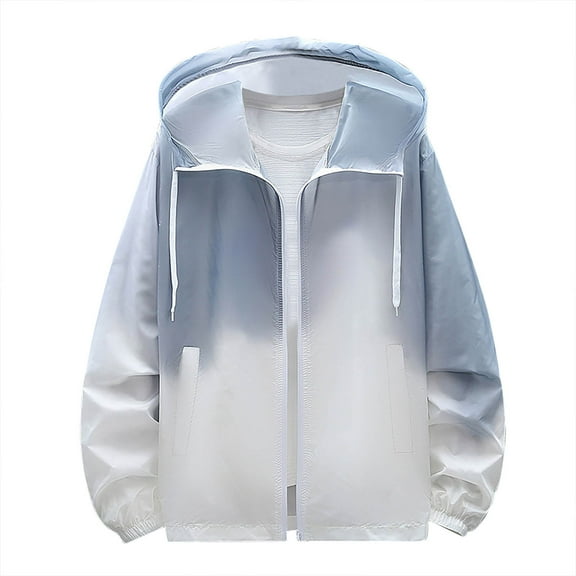 Xfvqtps Mens Light Jacket Hoodie Full Zip up with Drawstring Sun Protection Gradient Long Sleeve Summer Coat for Fishing Hiking Athletic Running Gray