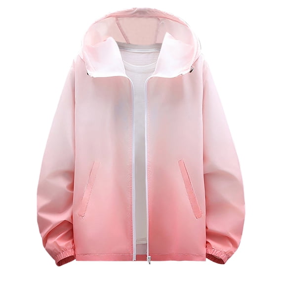 Xfvqtps Mens Light Jacket Hoodie Full Zip up with Drawstring Sun Protection Gradient Long Sleeve Summer Coat for Fishing Hiking Athletic Running Pink
