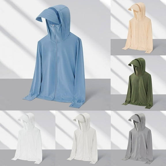 Xfvqtps Mens Light Jacket Hoodie with Wide Brim UPF50+ Sun Protection High Zip up Long Sleeve with Thumb Hole Solid Color Fishing Hiking Athletic Running Lightweight Breathable Summer Top Army Green