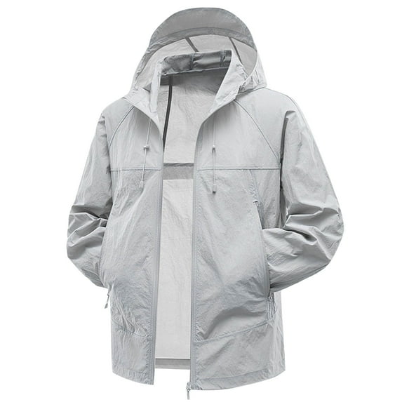 Xfvqtps Mens Light Jacket Hoodie Zipper Adjustable Drawstring Sun Protection Quick Dry Summer Coat for Fishing Hiking Athletic Running Gray