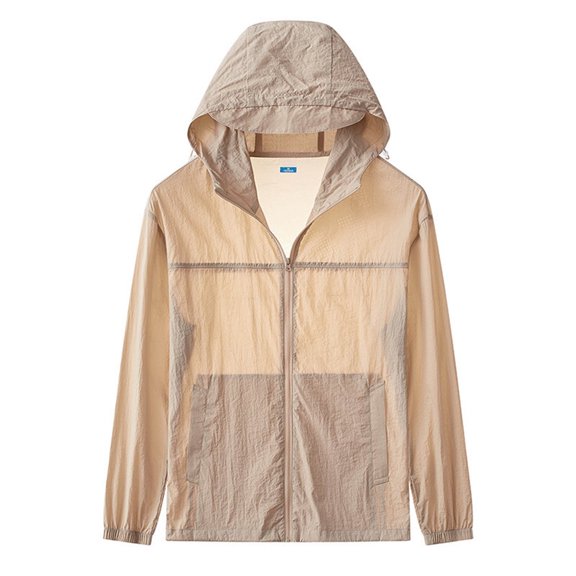 Xfvqtps Mens Light Jacket Hoodie with Brim Sun Protection Full Zip up Long Sleeve Summer Coat for Fishing Hiking Athletic Running Khaki