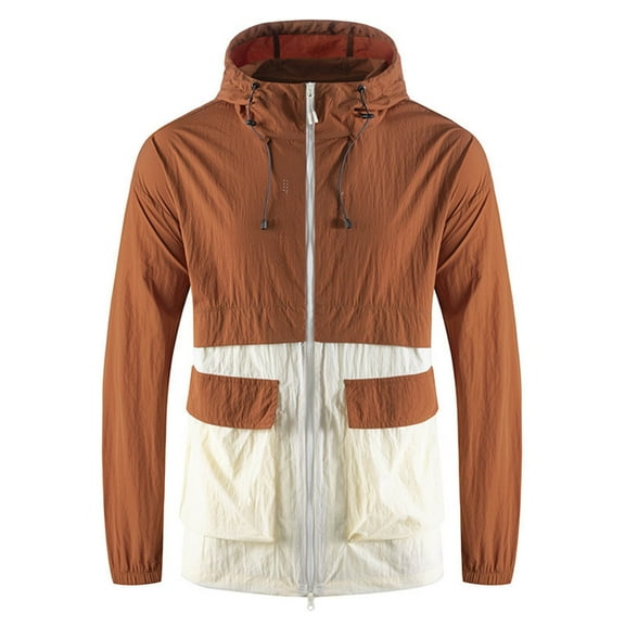 Xfvqtps Mens Light Jacket with Pockets Sun Protection Hoodie with Drawstring Zipper Color Block Summer Coat for Fishing Hiking Athletic Running Orange