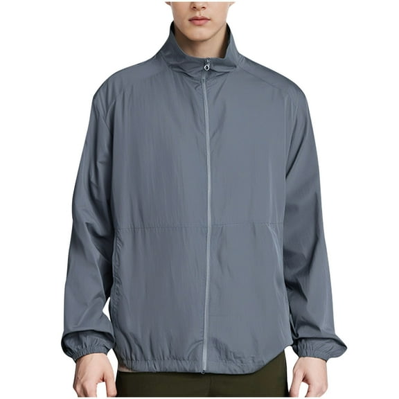 Xfvqtps Mens Light Jacket Stand up Collar Zipper Solid Color Sun Protection Breathable Summer Coat for Fishing Hiking Athletic Running Dark Gray