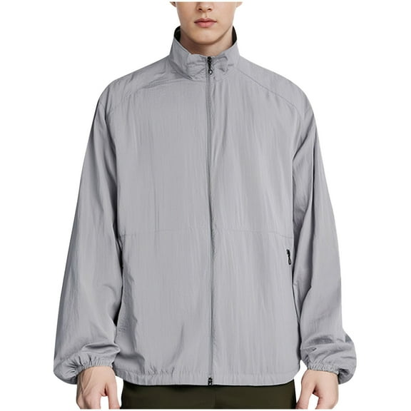 Xfvqtps Mens Light Jacket Stand up Collar Zipper Solid Color Sun Protection Breathable Summer Coat for Fishing Hiking Athletic Running Gray