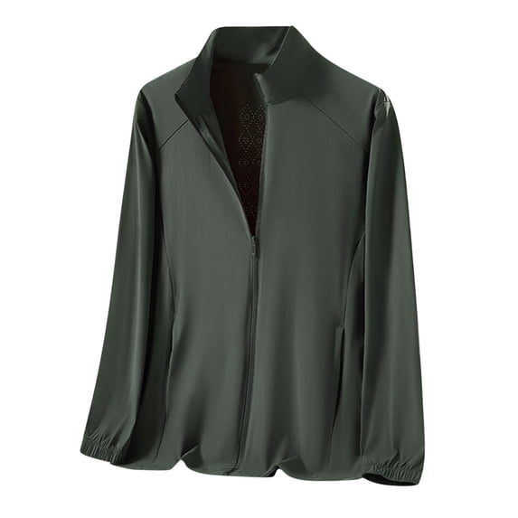 Xfvqtps Mens Light Jacket Sun Protection Hollow out Air Hole Breathable Summer Stand up Collar Zipper Solid Color Coat for Fishing Hiking Athletic Running Army Green