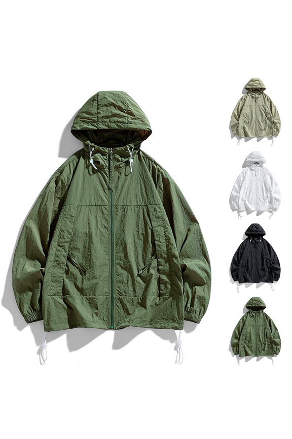 Mens Light Jacket Sun Protection Hoodie Drawstring Long Sleeve Zip up Hidden Pocket Solid Color Fishing Hiking Athletic Running Lightweight Breathable Waterproof Summer Top White
