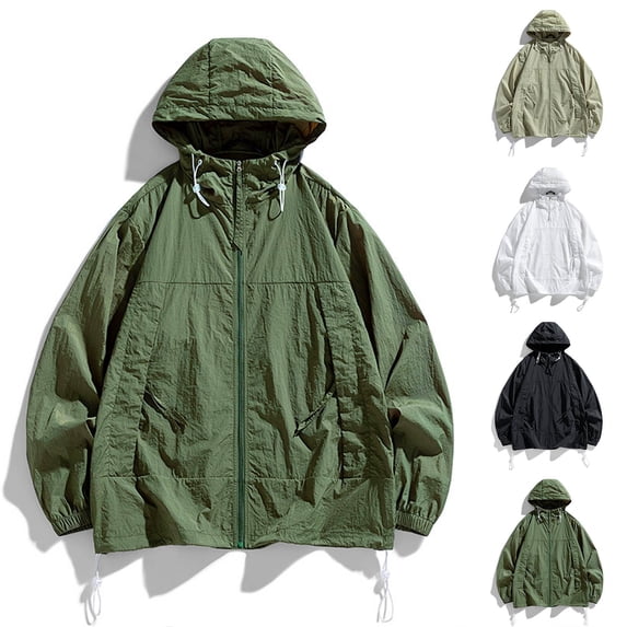 Xfvqtps Mens Light Jacket Sun Protection Hoodie Drawstring Long Sleeve Zip up Hidden Pocket Solid Color Fishing Hiking Athletic Running Lightweight Breathable Waterproof Summer Top White