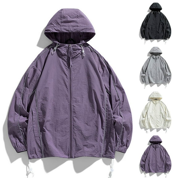 Xfvqtps Mens Light Jacket Sun Protection Hoodie Drawstring Long Sleeve Zip up Pockets Solid Color Line Fishing Hiking Athletic Running Lightweight Breathable Waterproof Summer Top Purple