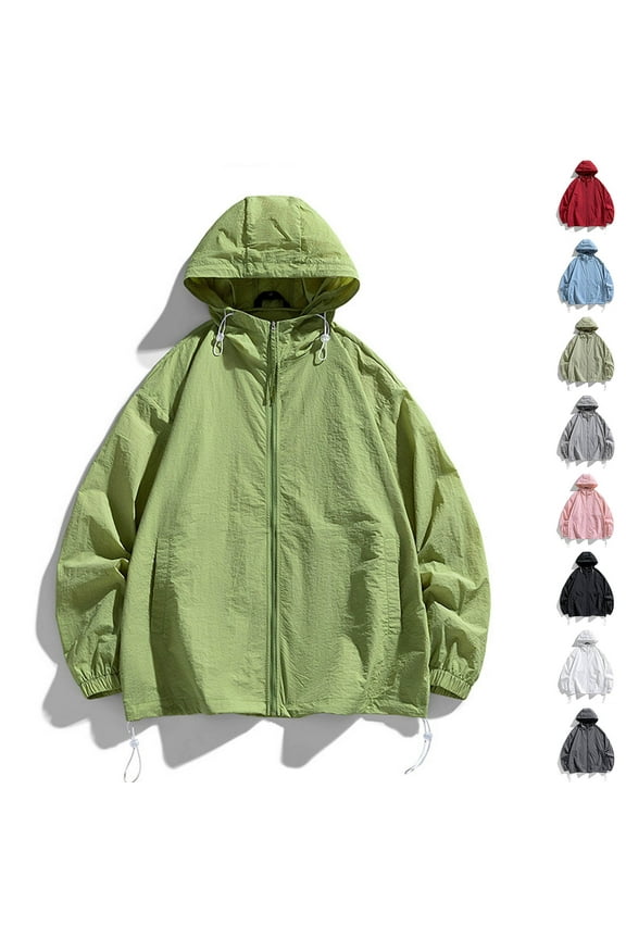 Mens Light Jacket Sun Protection Hoodie Drawstring Zip up Long Sleeve Pocket Solid Color Simplicity Fishing Hiking Athletic Running Lightweight Breathable Waterproof Summer Top Green