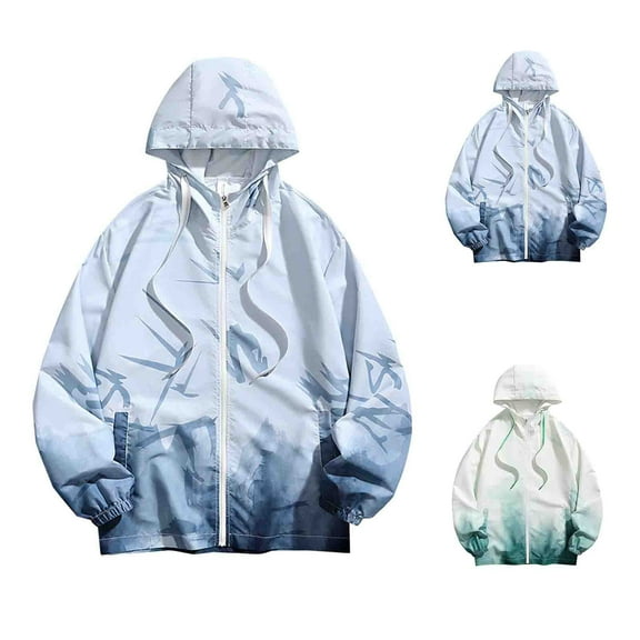 Xfvqtps Mens Light Jacket Sun Protection Hoodie Full Zip up with Drawstring Long Sleeve Gradient Color Print Fishing Hiking Athletic Running Lightweight Breathable Waterproof Summer Top Blue