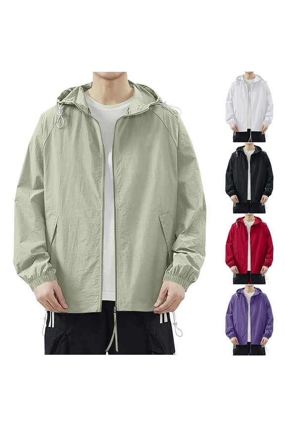 Mens Light Jacket Sun Protection Hoodie Full Zip up with Drawstring Long Sleeve Pockets Solid Color Fishing Hiking Athletic Running Lightweight Breathable Waterproof Summer Top Army Green