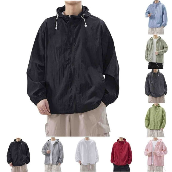 Xfvqtps Mens Light Jacket Sun Protection Hoodie Full Zip up with Drawstring Solid Color Long Sleeve Pockets Fishing Hiking Athletic Running Lightweight Breathable Waterproof Summer Top Black