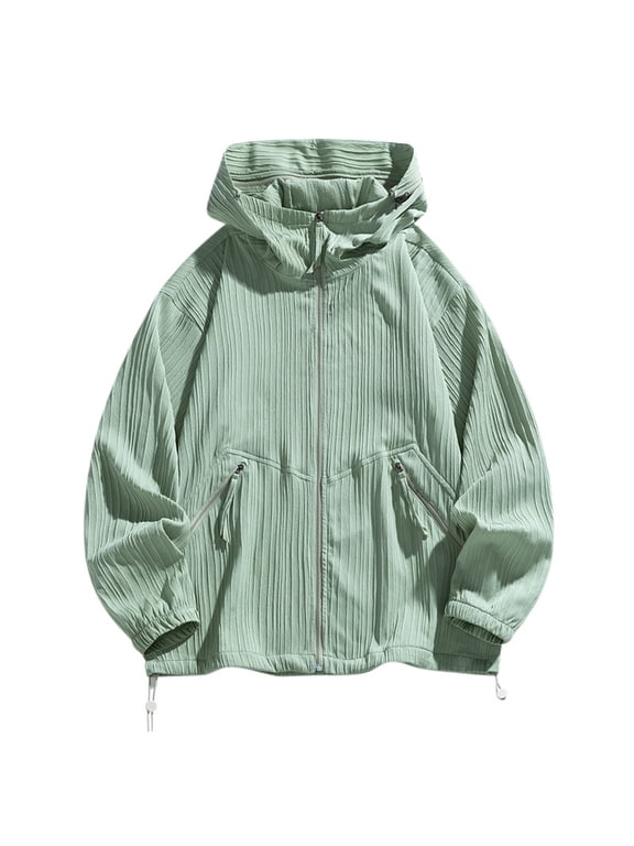 Mens Light Jacket Sun Protection Hoodie Full Zip up Drawstring Stripe Breathable Summer Coat for Fishing Hiking Athletic Running Green