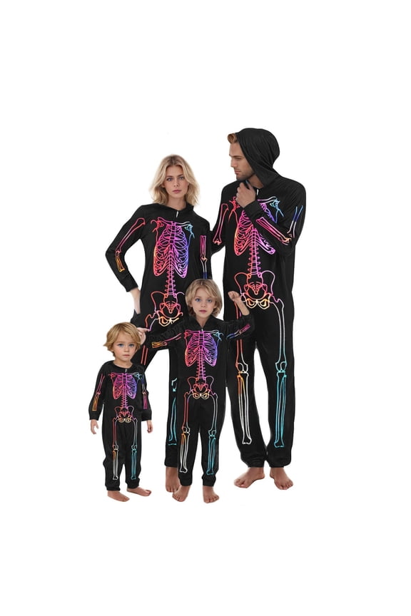 Matching Family Pajamas Cool Skeleton Print Long Sleeved Hooded Jumpsuit Fashion Parent-Wear One Piece Sleepwear Black-Dad