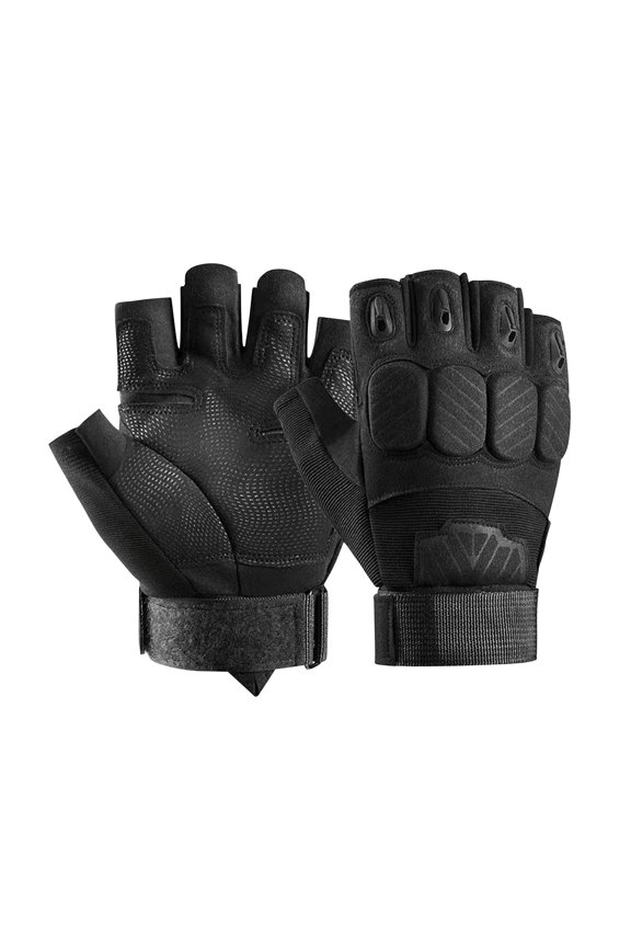 Mens Motorcycle Fingerless Gloves Hook Adjustable Thickened Hard Knuckle Protection Airsoft Outdoor Hiking Training Shooting Road Cycling Gloves Black