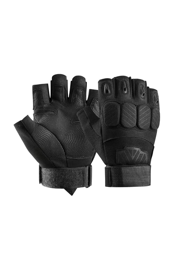 Mens Motorcycle Fingerless Gloves Hook Adjustable Thickened Hard Knuckle Protection Outdoor Hiking Training Shooting Road Cycling Gloves Black