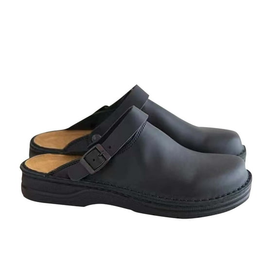 Xfvqtps Mens Mule Clogs Slippers Slip on Close Toe Buckle Strap Thick Sole Leather Casual Sandals for Beach Fishing Black