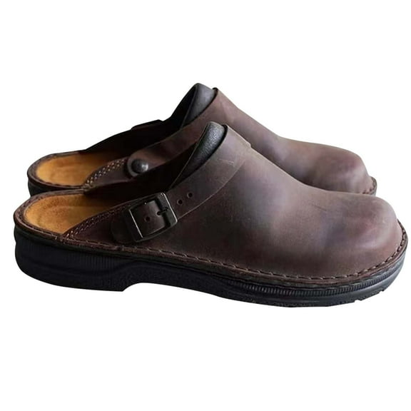Xfvqtps Mens Mule Clogs Slippers Slip on Close Toe Buckle Strap Thick Sole Leather Casual Sandals for Beach Fishing Coffee