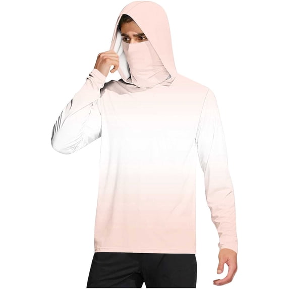 Xfvqtps Mens Pullover Tops with Face Neck Mask Hoodie Long Sleeves Cooling Sun Protection Gradient Breathable Lightweight Summer Shirts Beige
